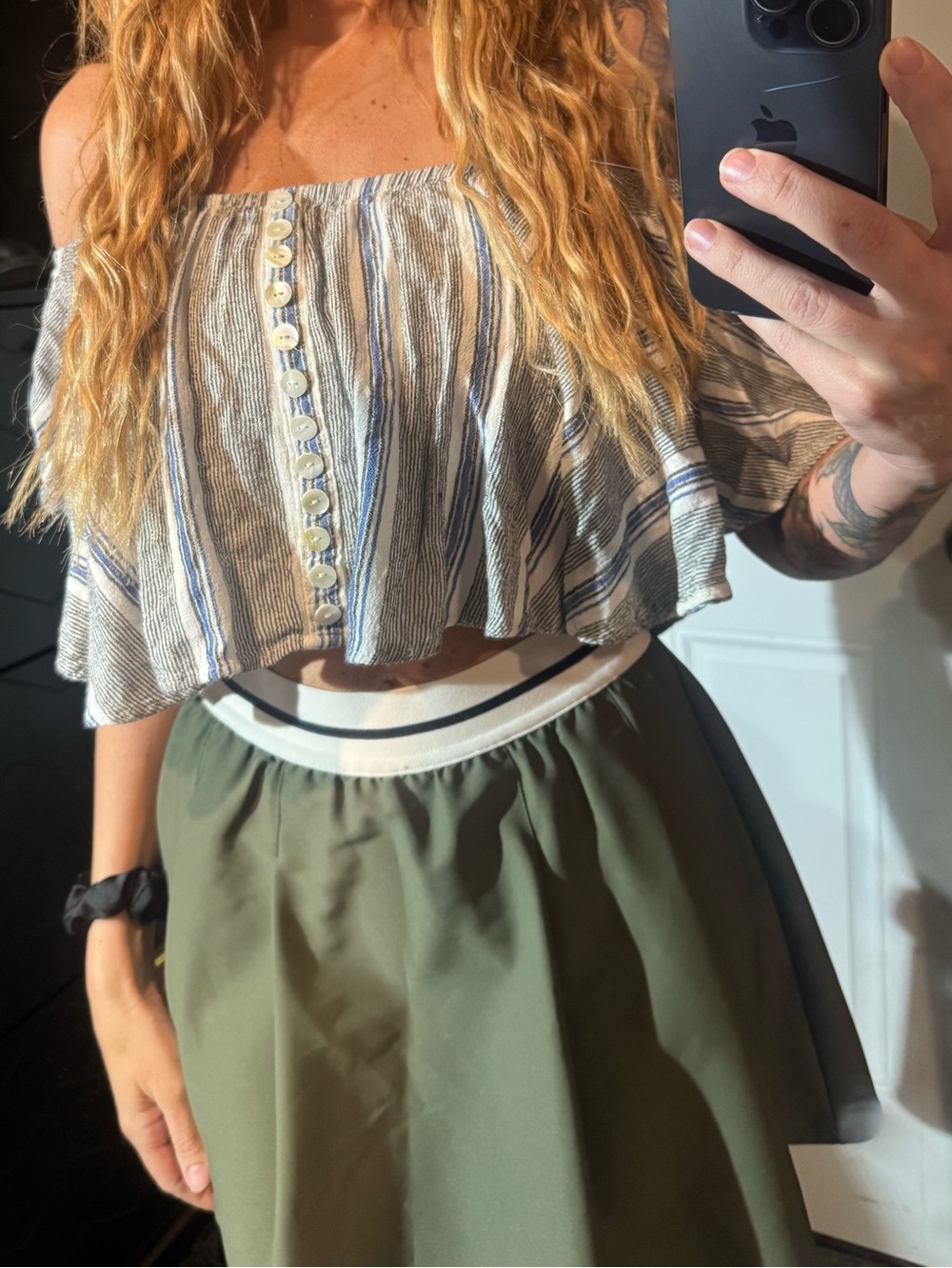 Striped Button-Front Peasant Blouse in Blue and Cream